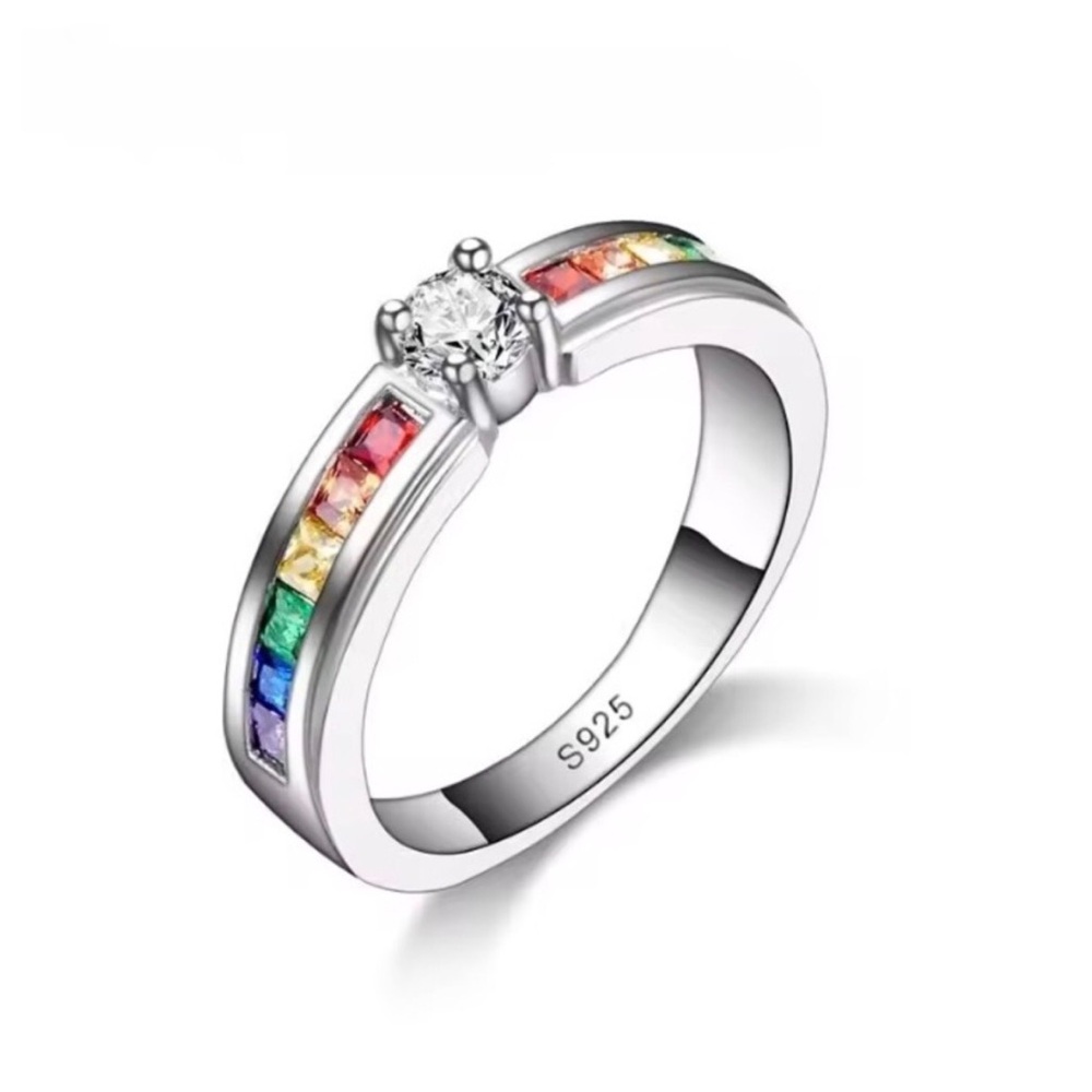 Sterling Silver S925 CZ Solitaire Ring - Multicolor
